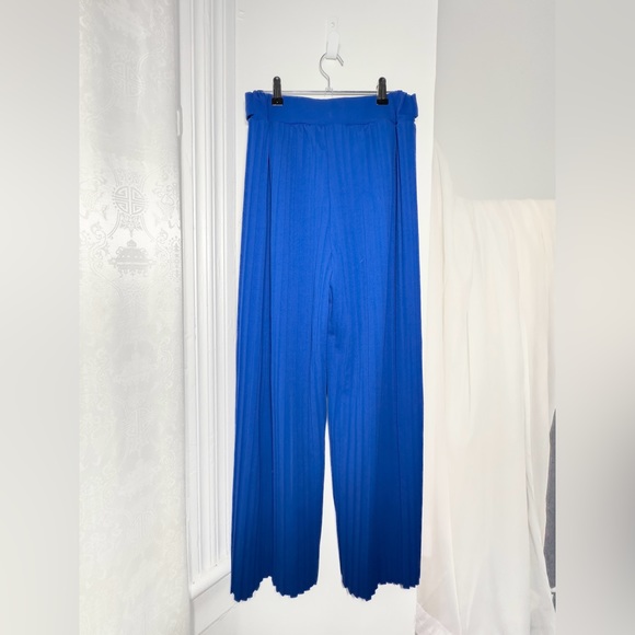 Wide leg Blue pleated pant • trouser gold buckle [ M ] - Picture 3 of 6